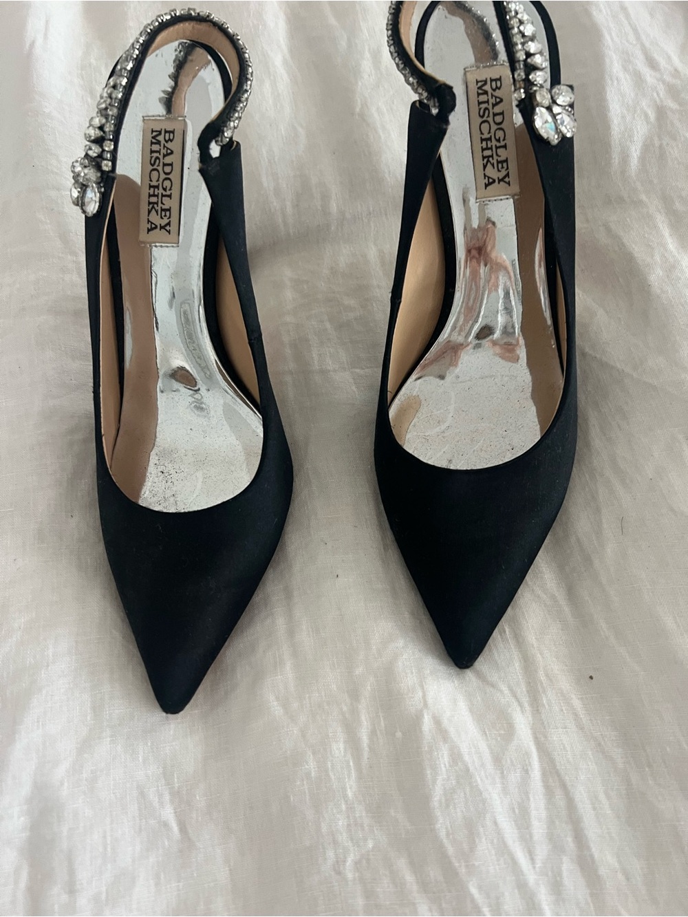 Badgley Mischka Black Pointed Toe Slingback Pumps with Crystal Embellishment